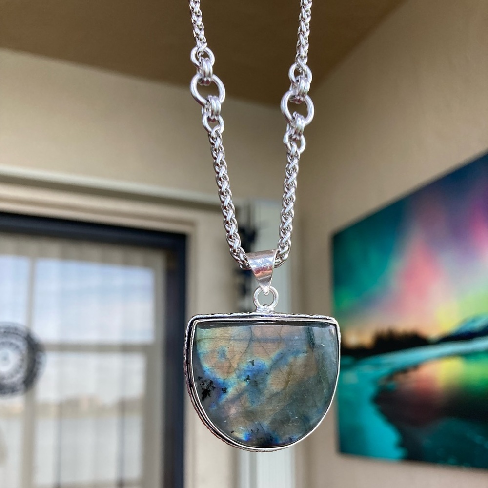 925 sterling silver overlay iridescent labradorite charm boho gemstone necklace - Picture 11 of 15